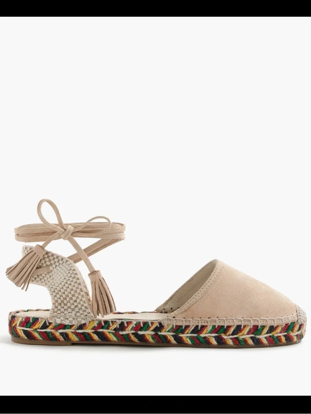 J. Crew Beige Baja Suede Wrap Tie Espadrille with Multicolor Braided Sole